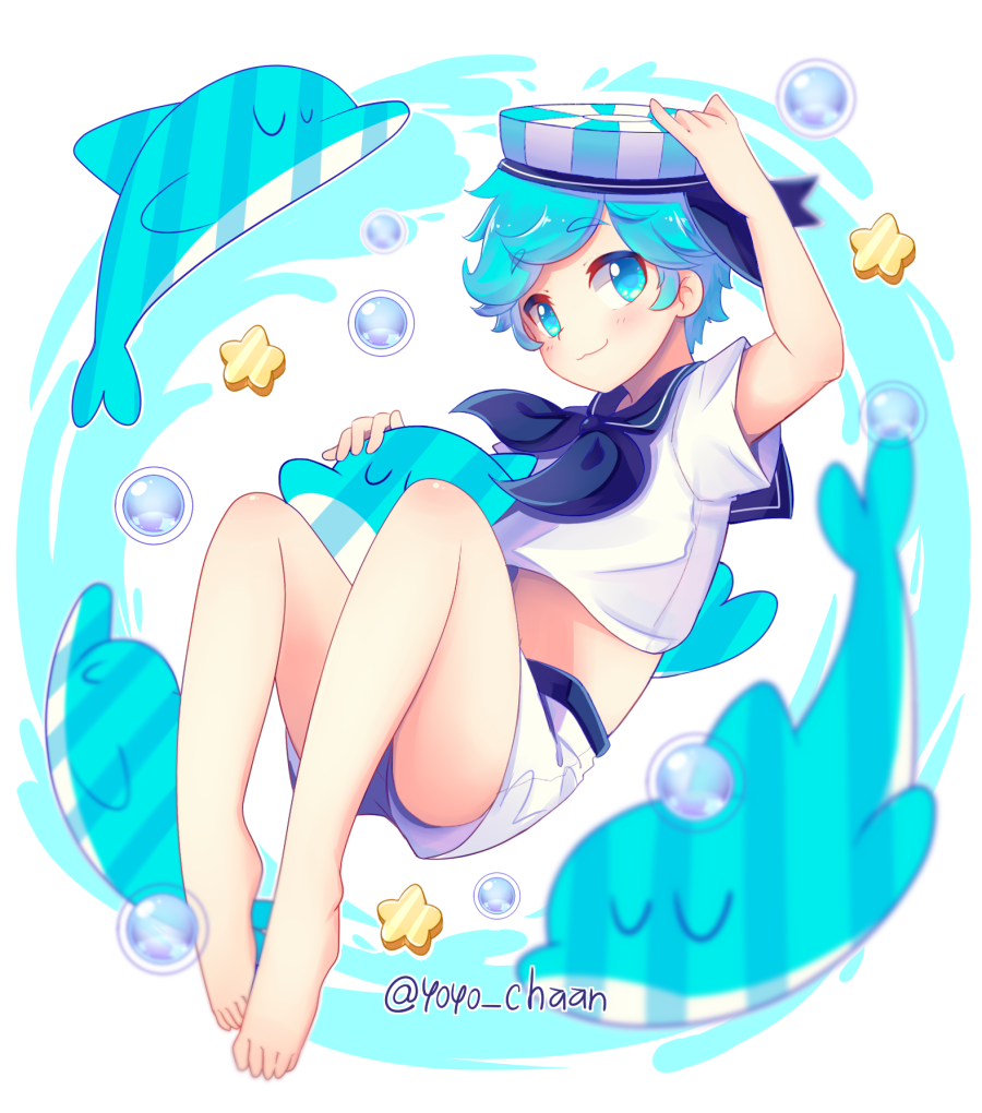 1boy, :3, barefoot, blue_eyes, blue_hair, blush, bubble, cookie_run, dolphin, feet, full_body, hat, looking_at_viewer, male_focus, midriff, peppermint_cookie, sailor, sailor_collar, sailor_hat, shorts, solo, star_(symbol), twitter_username, yoyochaan