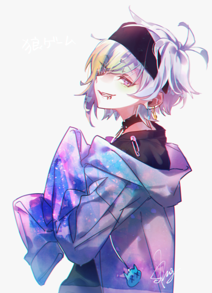 1boy, choker, chromatic_aberration, face_piercing, grin, headband, iida_rintarou, lip_piercing