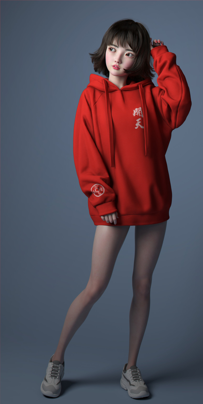 1girl, absurdres, blush, brown_eyes, brown_hair, full_body, highres, hood, hoodie, jacket, legs, lips, luo_qi_sheng, nail_polish, original, red_hoodie, shoes, short_hair, sneakers, standing, teeth