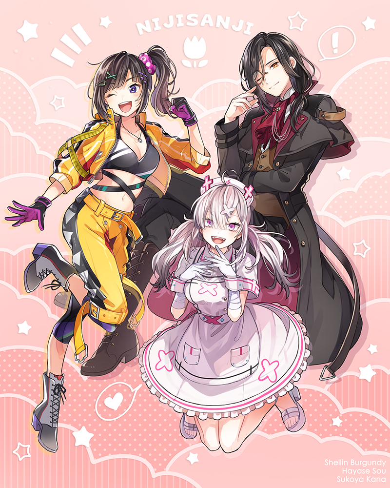 1girl, ahoge, aphrodisiac, apron, bandaged_arm, bandages, blush, breasts, dress, eyes_visible_through_hair, gloves, hair_ornament, hair_over_one_eye, hat, hayase_sou, hayase_sou_(1st_costume), high_heels, holding, holding_syringe, large_breasts, long_hair, mole, mole_under_eye, nijisanji, nurse, nurse_cap, purple_eyes, sandals, sharp_teeth, shellin_burgundy, shellin_burgundy_(1st_costume), shoes, short_sleeves, silver_hair, sukoya_kana, sukoya_kana_(1st_costume), syringe, tama_(songe), teeth, twintails, virtual_youtuber, white_apron, white_gloves, white_headwear, white_wrist_cuffs, wrist_cuffs, x_hair_ornament