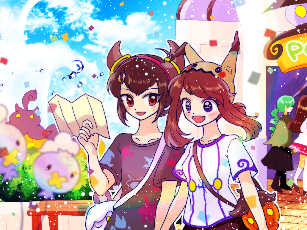 1boy, 3girls, :d, alternate_color, bag, bench, black_hair, black_shirt, black_skirt, blue_sky, blush, breasts, brendan_(pokemon), brown_hair, building, chandelure, cloud, cloudy_sky, confetti, cosplay, couple, curtains, day, drifloon, fang, floating, gen_3_pokemon, gen_4_pokemon, gen_5_pokemon, gen_6_pokemon, gen_7_pokemon, green_hair, handbag, happy, hetero, hibikileon, holding, holding_paper, hoopa, hoopa_(cosplay), horns, legendary_pokemon, litwick, long_hair, may_(pokemon), medium_hair, mimikyu, mimikyu_(cosplay), multiple_girls, mythical_pokemon, nintendo, open_mouth, outdoors, paper, pink_skirt, pokemon, pokemon_adventures, pumpkaboo, shirt, side_ponytail, skirt, sky, small_breasts, smile, white_shirt