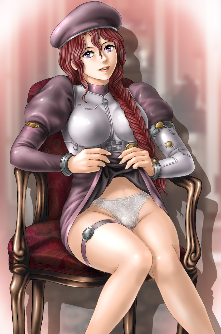 1girl, braid, breasts, brown_hair, chair, female_focus, hair_between_eyes, highres, indoors, kisaragi_quon, lifting_own_clothes, long_sleeves, looking_at_viewer, medium_breasts, panties, puffy_long_sleeves, puffy_sleeves, purple_eyes, purple_headwear, rahxephon, shadow, sitting, smile, solo, thigh_strap, toten_(der_fuhrer), underwear, white_panties