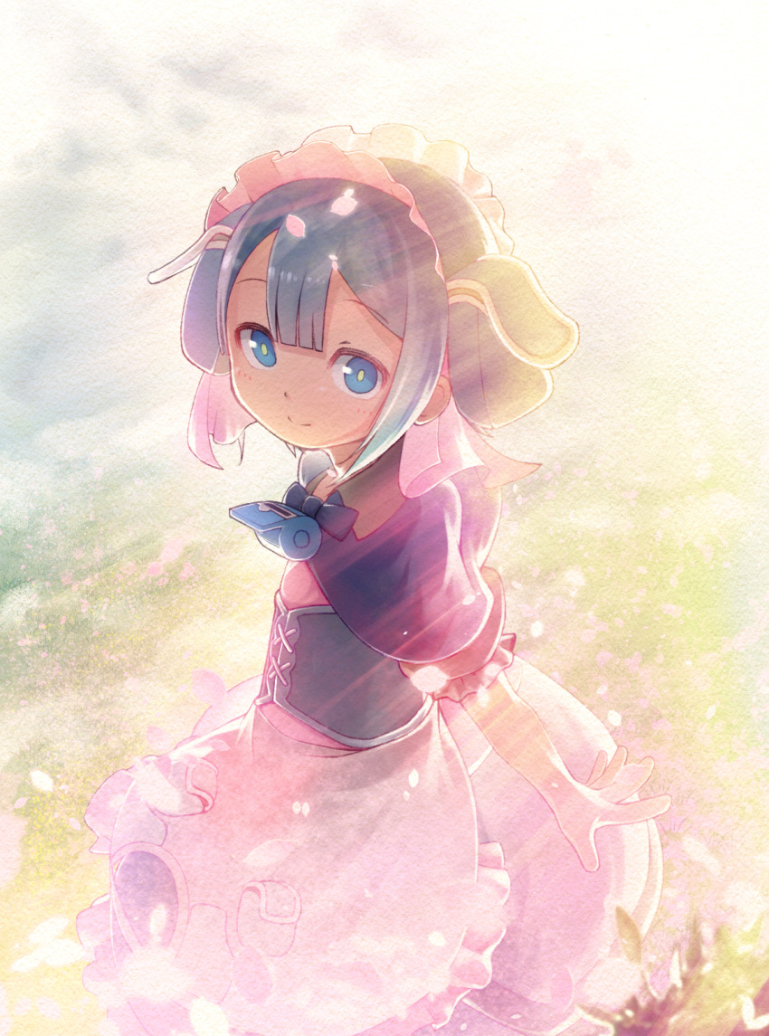 1boy, blue_eyes, blue_hair, blush, closed_mouth, goddandies, highres, looking_at_viewer, made_in_abyss, maid_headdress, male_focus, maruruk, short_hair, short_sleeves, skirt, smile, solo, trap, whistle, whistle_around_neck, white_skirt