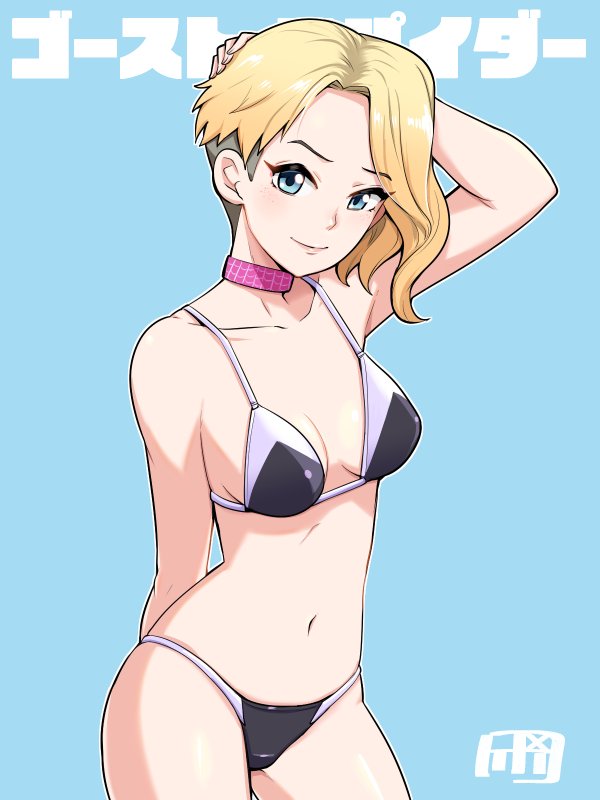 1girl, adapted_costume, animification, arm_behind_head, asymmetrical_hair, bikini, blonde_hair, blue_background