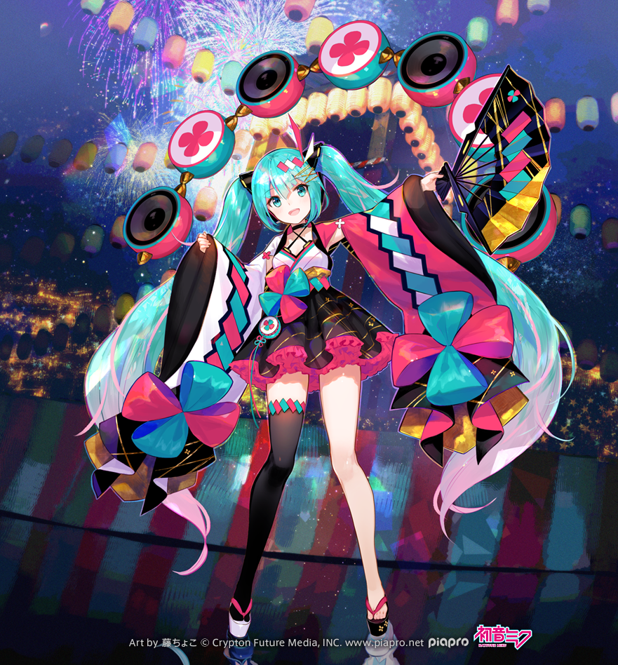 1girl, :d, aerial_fireworks, aqua_eyes, aqua_hair, asymmetrical_footwear, black_footwear, black_skirt