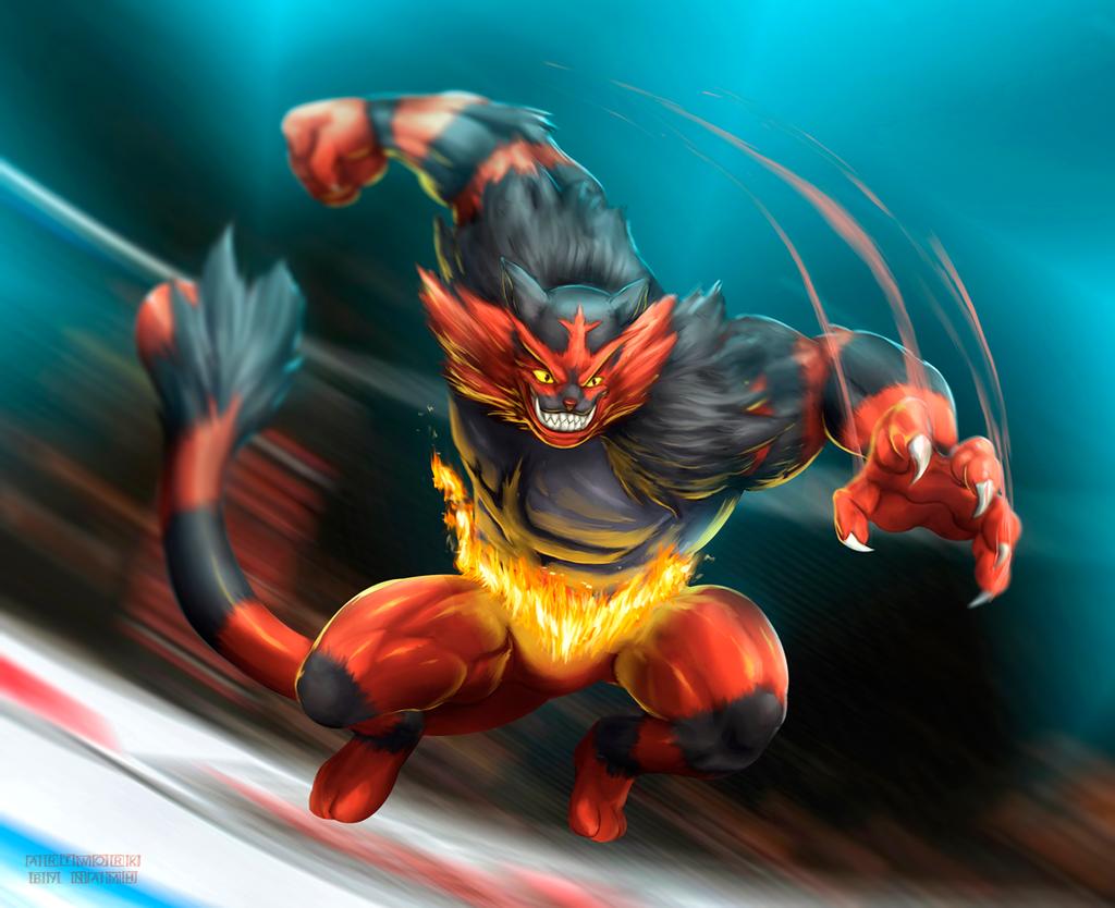 claws, commentary, creature, english_commentary, fangs, fire, full_body, furry, gen_7_pokemon, grin, incineroar, jumping, muscular, namh, nintendo, pokemon, pokemon_(creature), sharp_teeth, smile, solo, teeth, yellow_eyes