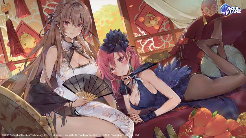 2girls, absurdres, akizero1510, azur_lane, bare_legs, black_legwear, black_prince_(azur_lane), black_prince_(fair_maid_spring)_(azur_lane), blush, breasts, brown_eyes, brown_hair, china_dress, chinese_clothes, cleavage, cleavage_cutout, clothing_cutout, commentary, company_name, dress, folding_fan, hand_fan, highres, holding, holding_fan, huge_filesize, large_breasts, long_hair, looking_at_viewer, multiple_girls, official_art, pantyhose, parted_lips, pink_eyes, pink_hair, smile, swiftsure_(azur_lane), swiftsure_(beauty_of_white_jade)_(azur_lane), very_long_hair
