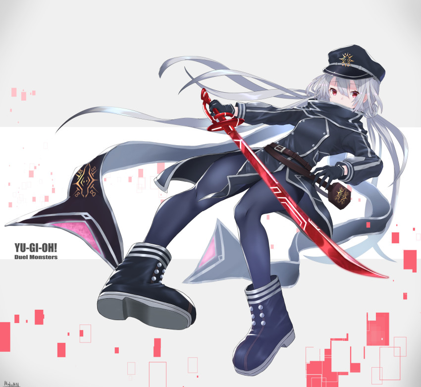 1girl, belt, black_boots, black_dress, black_gloves, black_hat, black_pantyhose, black_scarf