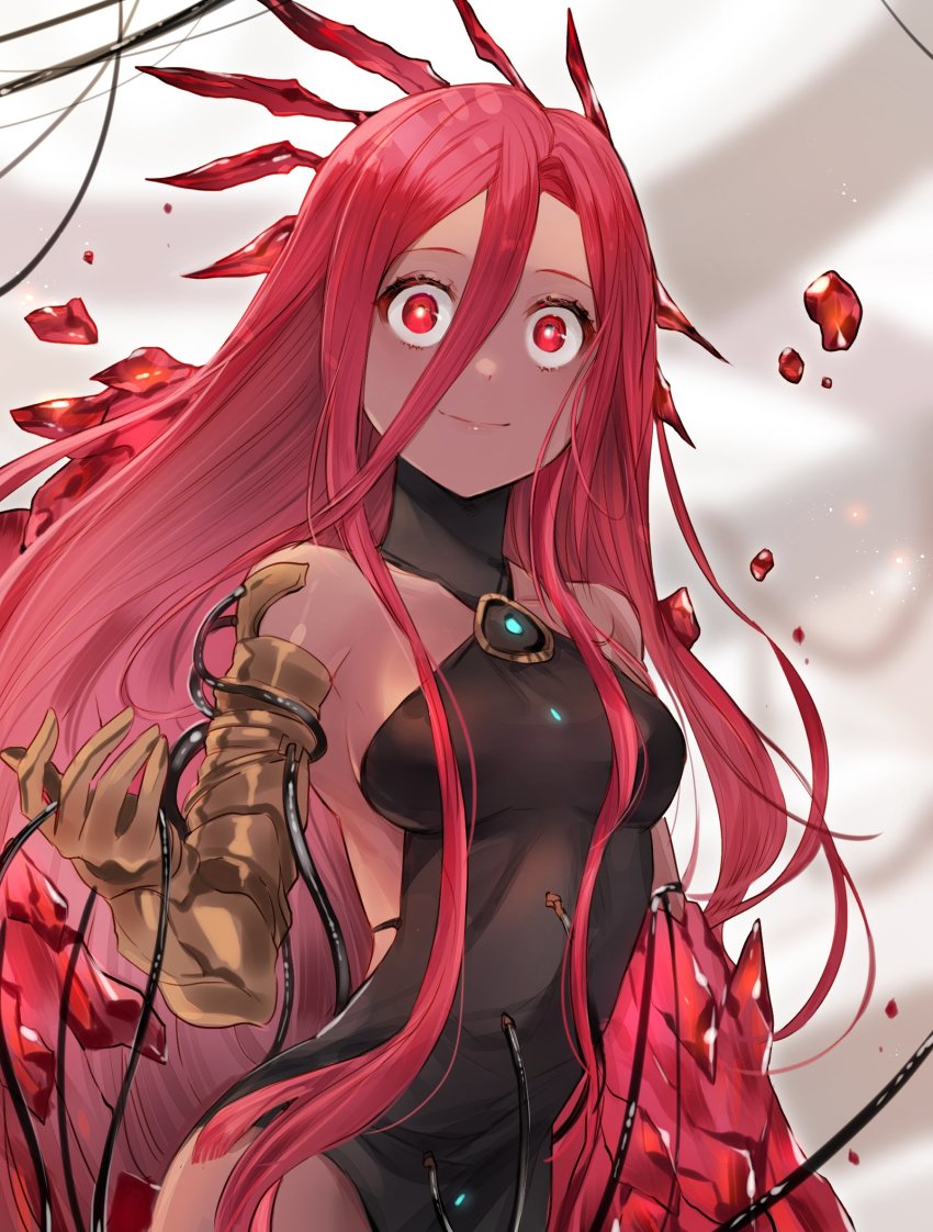 bad_id, bad_twitter_id, blank_stare, close-up, dark-skinned_female, dark_skin, granblue_fantasy, hair_between_eyes, highres, leotard, long_hair, mad_pingu, red_eyes, red_hair, smile, solo, very_long_hair, wide-eyed, yatima