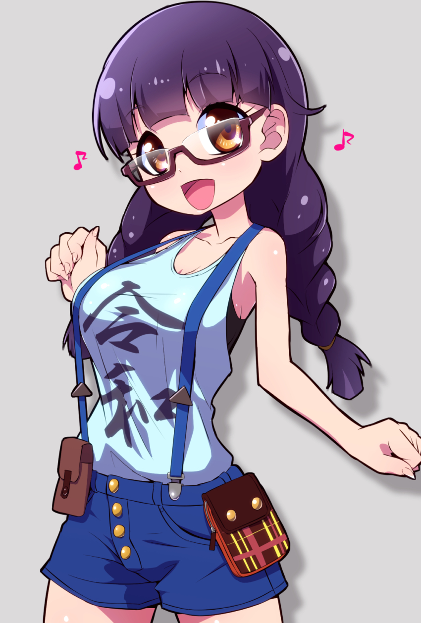 1girl, alice_gear_aegis, braid, breasts, cleavage, collarbone, glasses, highres, large_breasts, musical_note, ryuuta_(cure_ryuuta), sideboob, simple_background, smile, twin_braids, yorishiro_eri