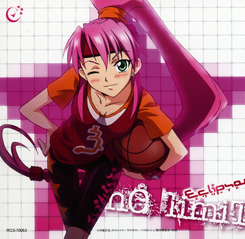 00s, 1girl, album_cover, ball, basketball, basketball_(object), basquash!, blush, cover, earrings, female_focus, green_eyes, highres, jewelry, one_eye_closed, pink_hair, ponytail, rouge_(basquash), solo, thigh_gap, wink
