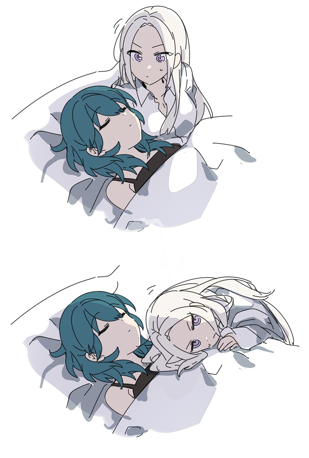 2girls, 2koma, ap_bar, blanket, blue_hair, female_byleth_(fire_emblem), closed_eyes, collared_shirt
