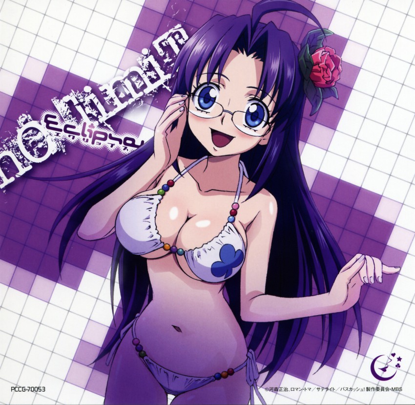 00s, 1girl, :d, adjusting_eyewear, ahoge, album_cover, basquash!, bikini