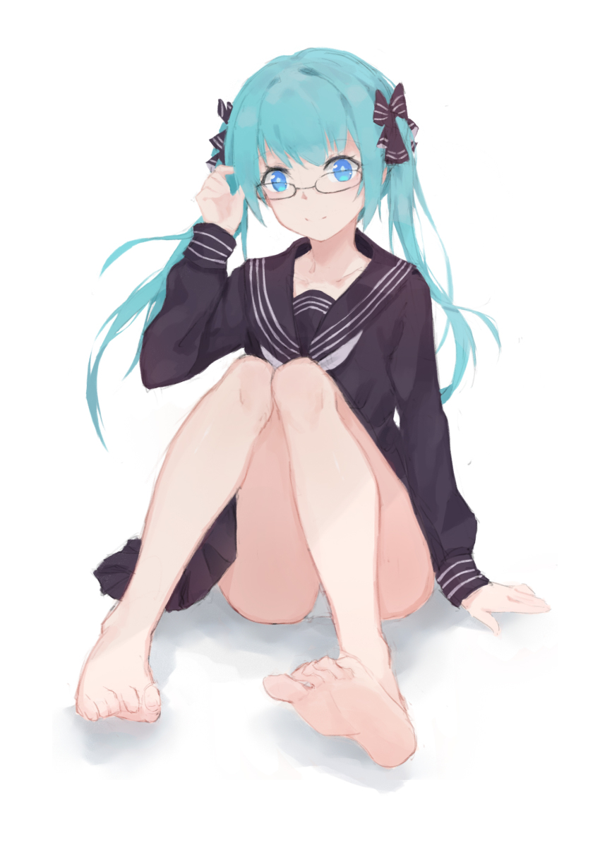 1girl, adjusting_hair, barefoot, black_bow, black_sailor_collar, black_serafuku, black_shirt, black_skirt, blue_eyes, blue_hair, bow, collarbone, collared_shirt, feet, female_focus, floating_hair, full_body, glasses, hair_bow, hatsune_miku, highres, long_hair, long_sleeves, looking_at_viewer, miniskirt, nakor., panties, pantyshot, pleated_skirt, sailor_collar, sailor_shirt, school_uniform, serafuku, shirt, simple_background, sitting, skirt, soles, solo, underwear, vocaloid, white_background, white_neckwear, white_panties