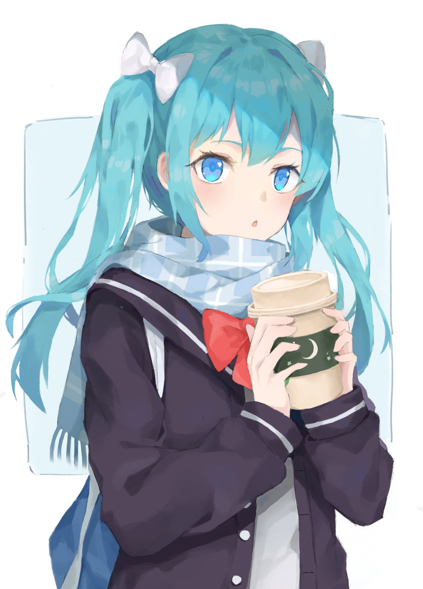 1girl, black_cardigan, blue_eyes, blue_hair, bow, bowtie, cardigan, coffee_mug