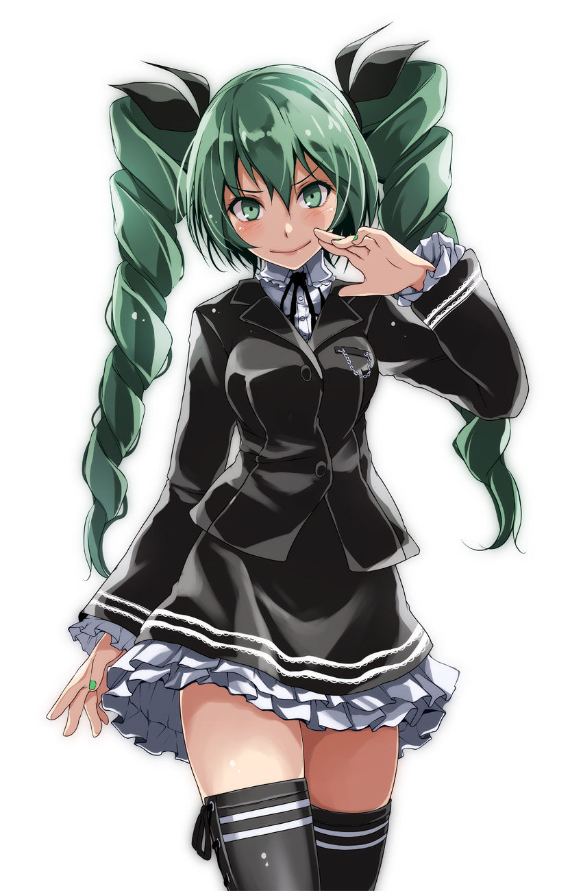 1girl, black_bow, black_jacket, black_ribbon, black_skirt, black_thighhighs, bow, closed_mouth