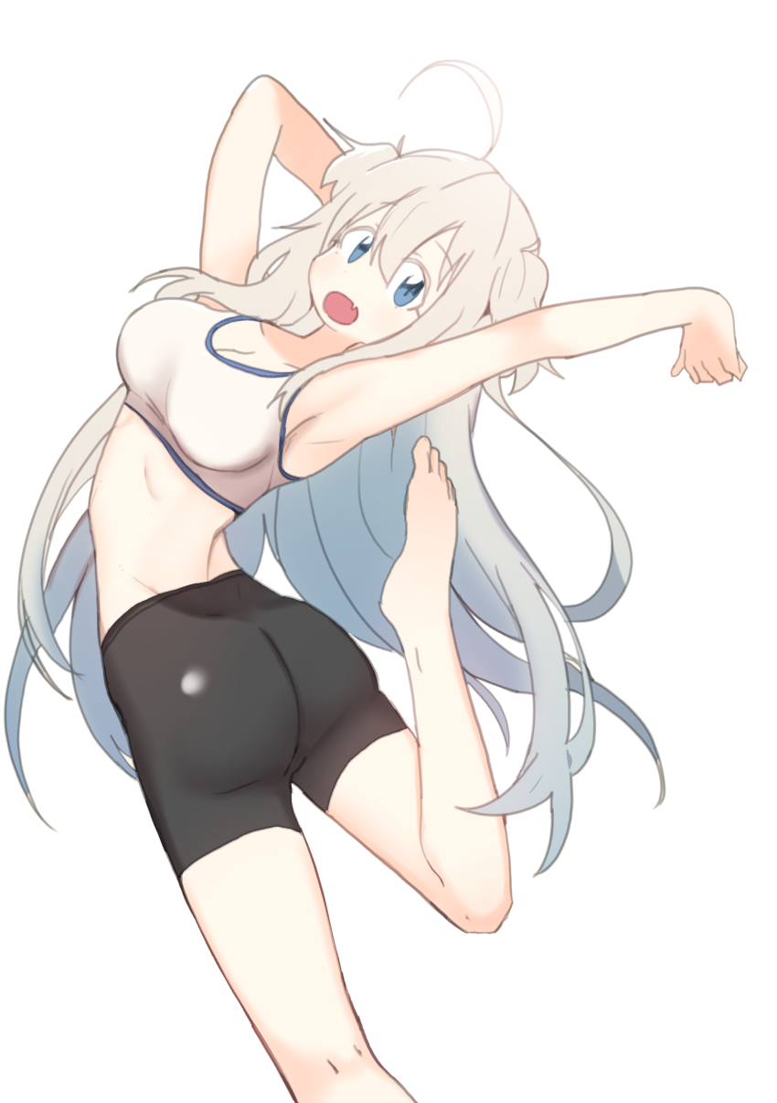 1girl, absurdres, ahoge, armpits, ass, barefoot, bike_shorts, black_shorts, blonde_hair, blue_eyes, blush, bural_chingu, fang, feet, female_focus, from_behind, hair_between_eyes, highres, leg_up, long_hair, looking_at_viewer, looking_back, luke_(dydansgur), open_mouth, park_noah, shorts, simple_background, skin_fang, solo, sports_bra, two_side_up, white_background, white_sports_bra