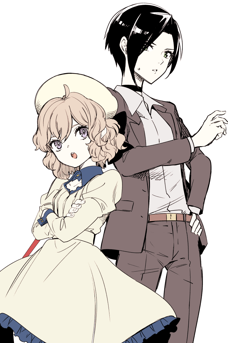 2girls, beret, black_hair, cane, chashiba_katase, dress, formal_clothes, green_eyes