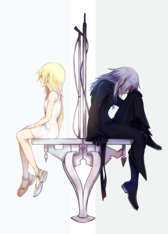 1boy, 1girl, bare_shoulders, black_coat_(kingdom_hearts), blonde_hair, breasts, closed_mouth, commentary_request