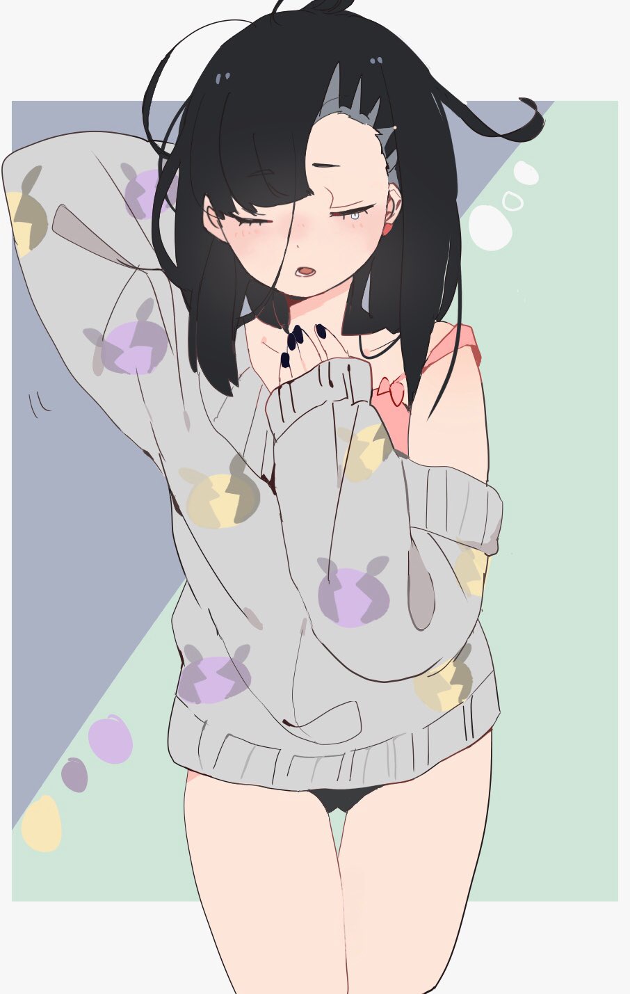 1girl, arm_behind_head, arm_up, black_hair, black_nails, black_panties, camisole, character_print, closed_eyes, commentary, cowboy_shot, earrings, facing_viewer, female_focus, gen_8_pokemon, grey_sweater, highres, jewelry, long_sleeves, marnie_(pokemon), medium_hair, messy_hair, morpeko, morpeko_(full), morpeko_(hangry), motion_lines, nail_polish, nintendo, no_pants, off-shoulder_sweater, off_shoulder, open_mouth, outside_border, panties, pink_shirt, pokemon, pokemon_sword_and_shield, print_sweater, shirt, sleepy, sleeves_past_wrists, solo, standing, sweater, tearing_up, thigh_gap, undercut, underwear, waking_up, yawning, yupo_0322