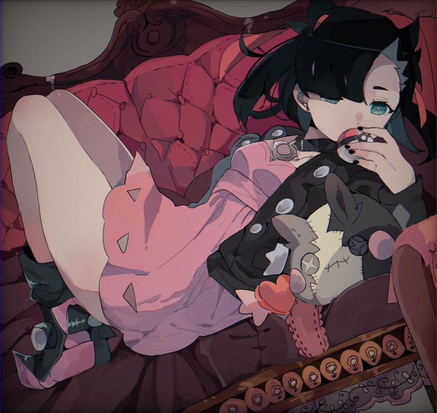 1girl, aqua_eyes, asymmetrical_bangs, asymmetrical_hair, black_boots, black_choker, black_hair, black_jacket