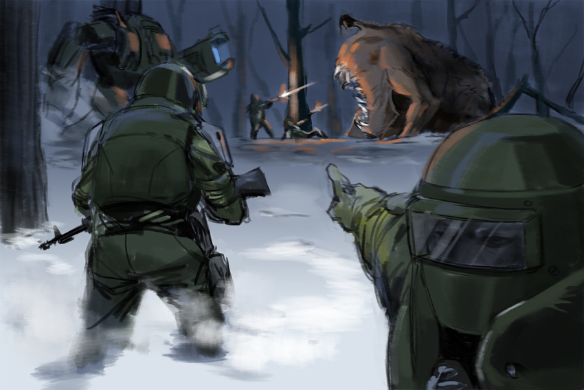 2others, 4boys, armor, assault_rifle, bad_id, bad_twitter_id, elid_(girls'_frontline), firing, girls'_frontline, gun, helmet, kcco_(girls'_frontline), military, minotaurus_(girls'_frontline), monster, multiple_boys, multiple_others, mutant, pointing, rifle, robot, snow, tmtm3327, tree, visor, weapon