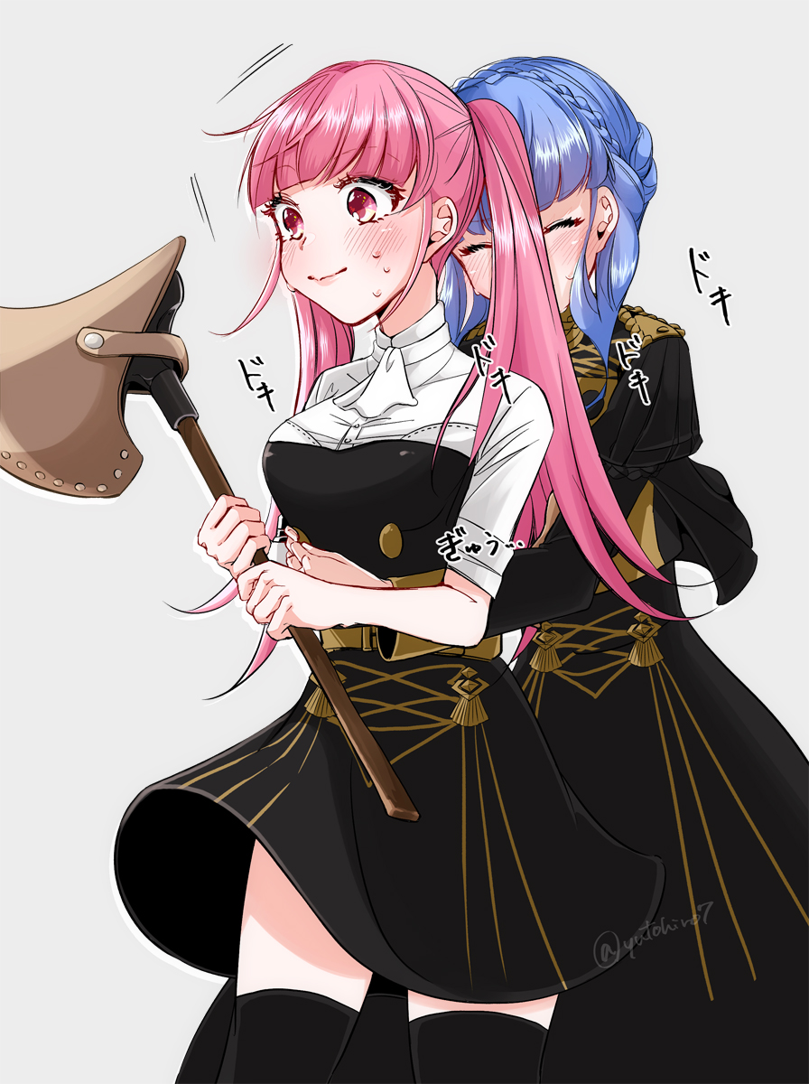 2girls, axe, belt, blue_hair, blush, braid, closed_eyes, closed_mouth