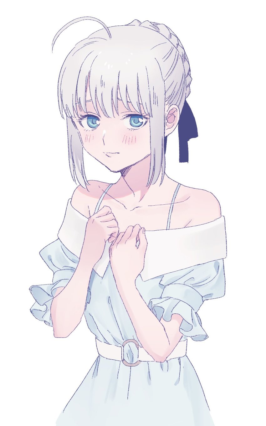 1girl, alternate_costume, aqua_eyes, blush, braid, braided_bun, dress, fate_(series)