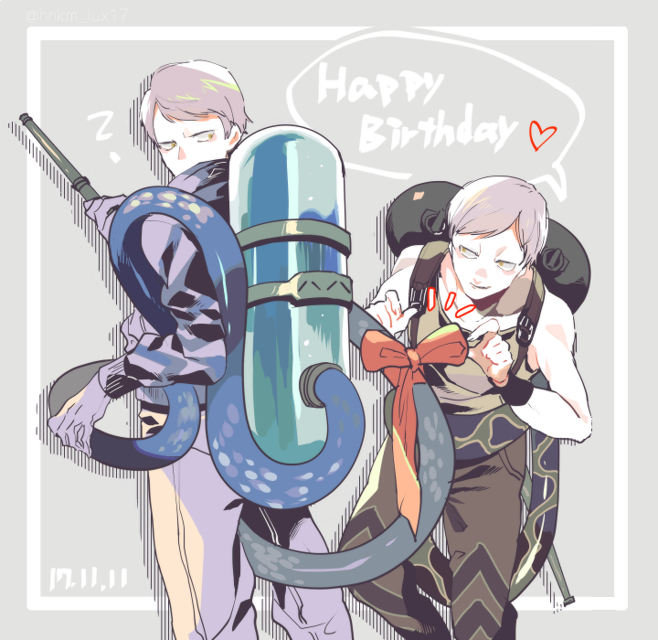 2boys, ?, brothers, flamethrower, grey_hair, happy_birthday, hinoe_(right-hnxx03), icethrower, juuni_taisen, male_focus, multiple_boys, short_hair, siblings, snake, tsumita_nagayuki, tsumita_takeyasu, weapon, white_hair, yellow_eyes