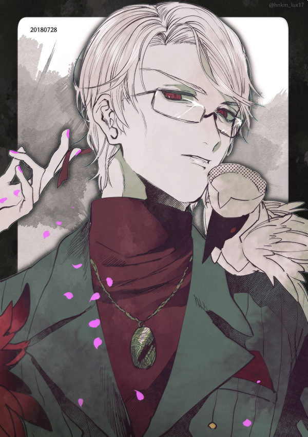 1boy, alternate_hairstyle, animal, animal_on_shoulder, antonio_salieri_(fate), antonio_salieri_(traveling_outfit)_(fate), bespectacled, bird