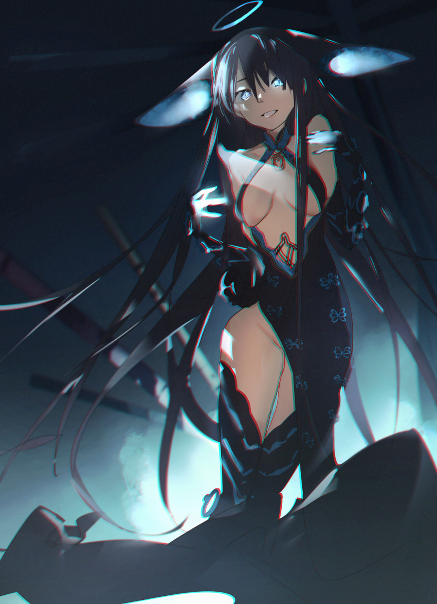 1girl, aonogura, bare_shoulders, black_dress, black_hair, blue_eyes, blunt_bangs, bottomless