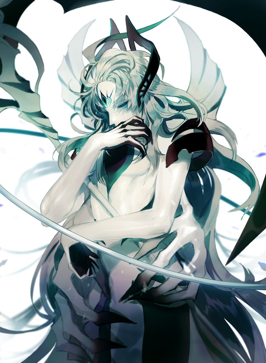 1boy, ainchase_ishmael, black_nails, black_sclera, character_request, colored_sclera, copyright_request, covered_mouth