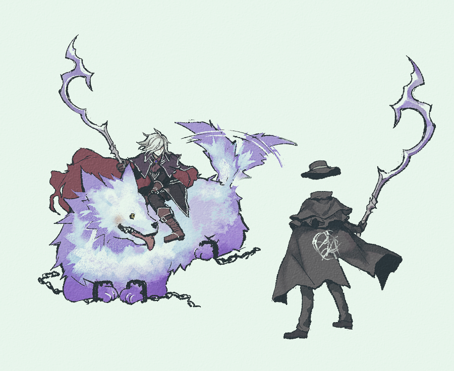 2boys, animal, chain, chibi, cosplay, costume_switch, edmond_dantes_(fate), edmond_dantes_(fate)_(cosplay)