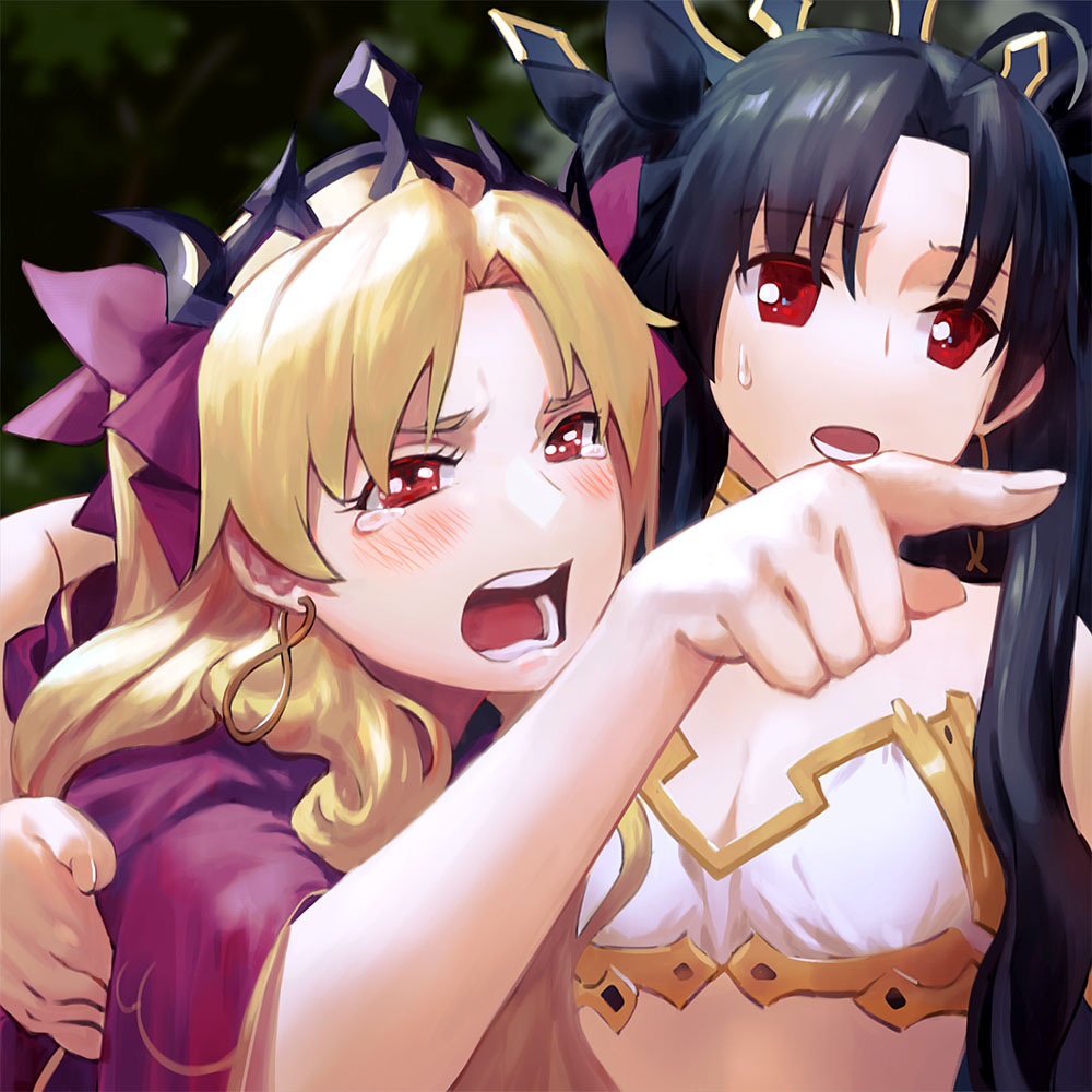 2girls, black_hair, blonde_hair, commentary, commentary_request, earrings, ereshkigal_(fate), fate/grand_order, fate_(series), hair_ornament, hair_ribbon, ishtar_(fate), jewelry, kyou-chan_(takelifesoul), long_hair, meme, multiple_girls, open_mouth, red_eyes, ribbon, siblings, sisters, twintails, woman_yelling_at_cat_(meme)