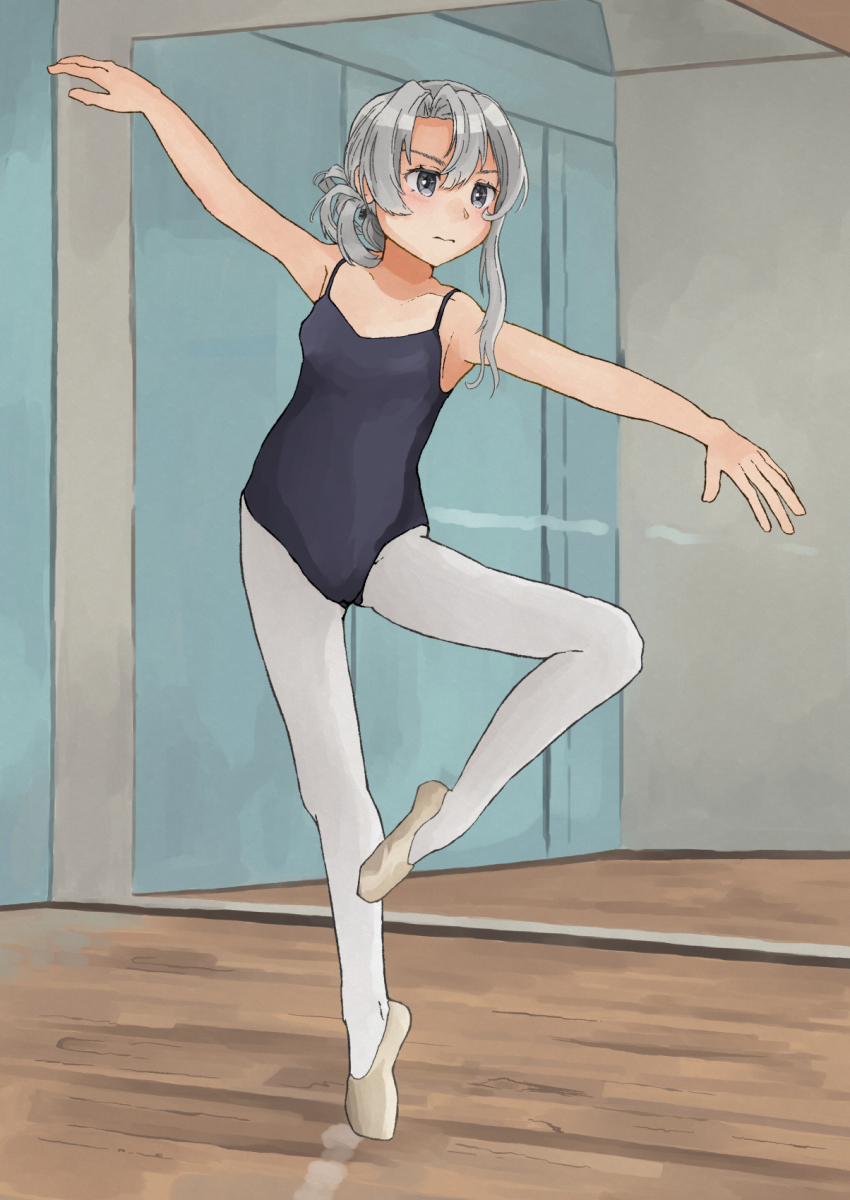 1girl, asymmetrical_hair, ballerina, ballet, ballet_class_clothes, ballet_slippers, bare_shoulders, black_leotard