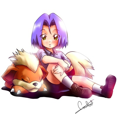 1boy, adorable_balinese, aged_down, blush, gen_1_pokemon, green_eyes, growlithe, james_(pokemon)