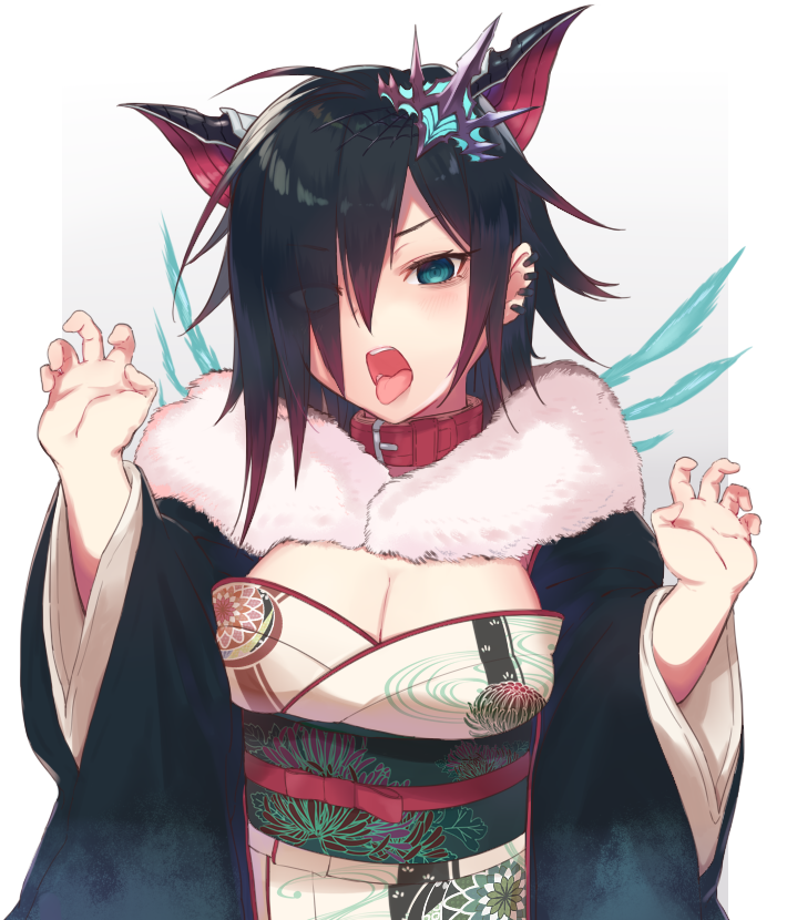 1girl, animal_ears, black_hair, breasts, choker, claw_pose, cleavage, dragon_ears