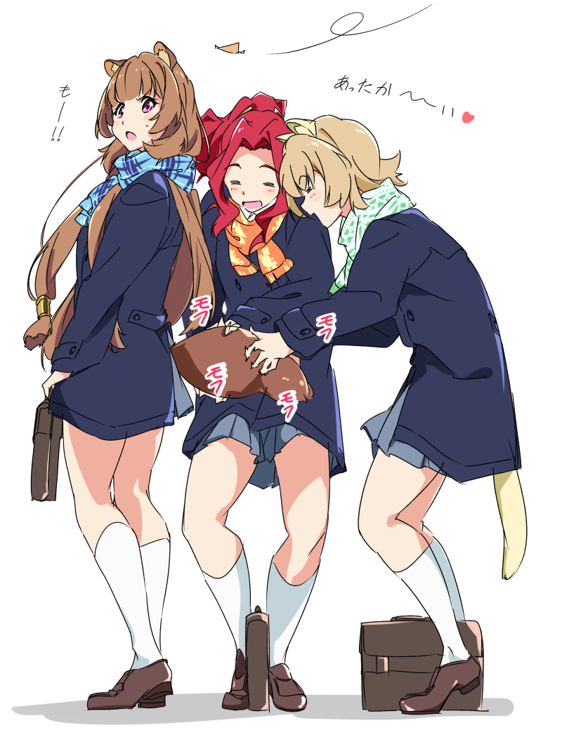 3girls, alternate_costume, animal_ears, blonde_hair, blue_scarf, brown_footwear, brown_hair, character_request