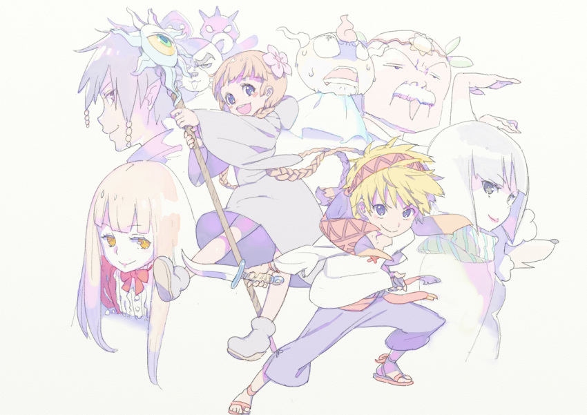 3boys, 3girls, bandana, black_hair, blonde_hair, blunt_bangs, braid, brown_hair, circlet, dagger, enkyo_yuuichirou, facial_hair, flower, full_body, gipple, grey_background, hair_flower, hair_ornament, juju_coo_shnamur, knife, kukuri_(mahoujin_guruguru), long_hair, long_sleeves, looking_at_viewer, mahoujin_guruguru, multiple_boys, multiple_girls, mustache, nike_(mahoujin_guruguru), poodle, projected_inset, raid_(mahoujin_guruguru), robe, runrun_vermeer, sandals, short_hair, simple_background, smile, staff, standing, sweat, tatejiwa_nezumi, twin_braids, udberg_eldol, weapon