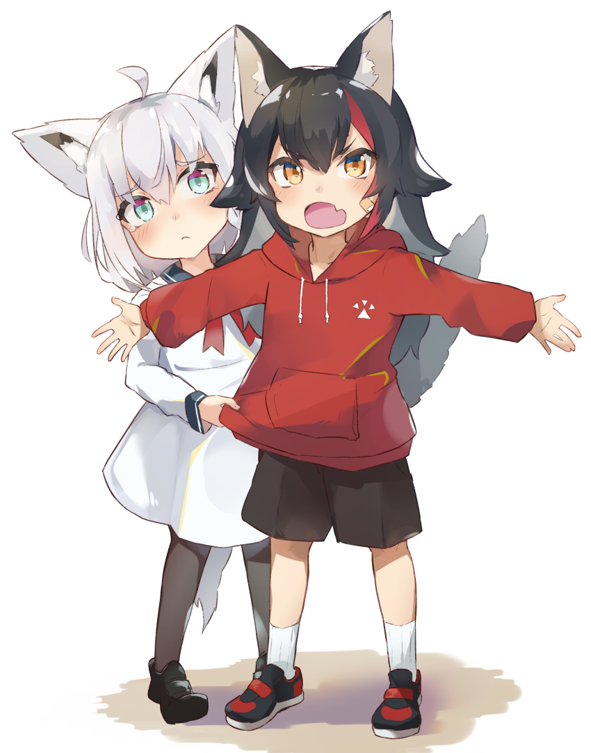 2girls, :o, aged_down, animal_ear_fluff, animal_ears, aqua_eyes, black_hair, child