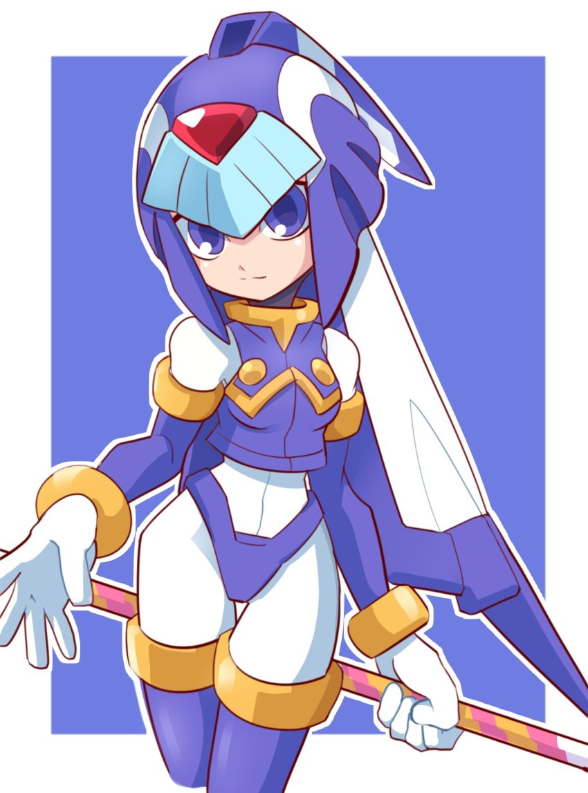 1girl, android, blue_background, blue_eyes, breasts, cowboy_shot, facing_viewer, fairy_leviathan_(mega_man), female_focus, gloves, helmet, highres, holding, light_smile, mega_man_(series), mega_man_zero_(series), omeehayo, simple_background, small_breasts, solo, weapon, white_gloves