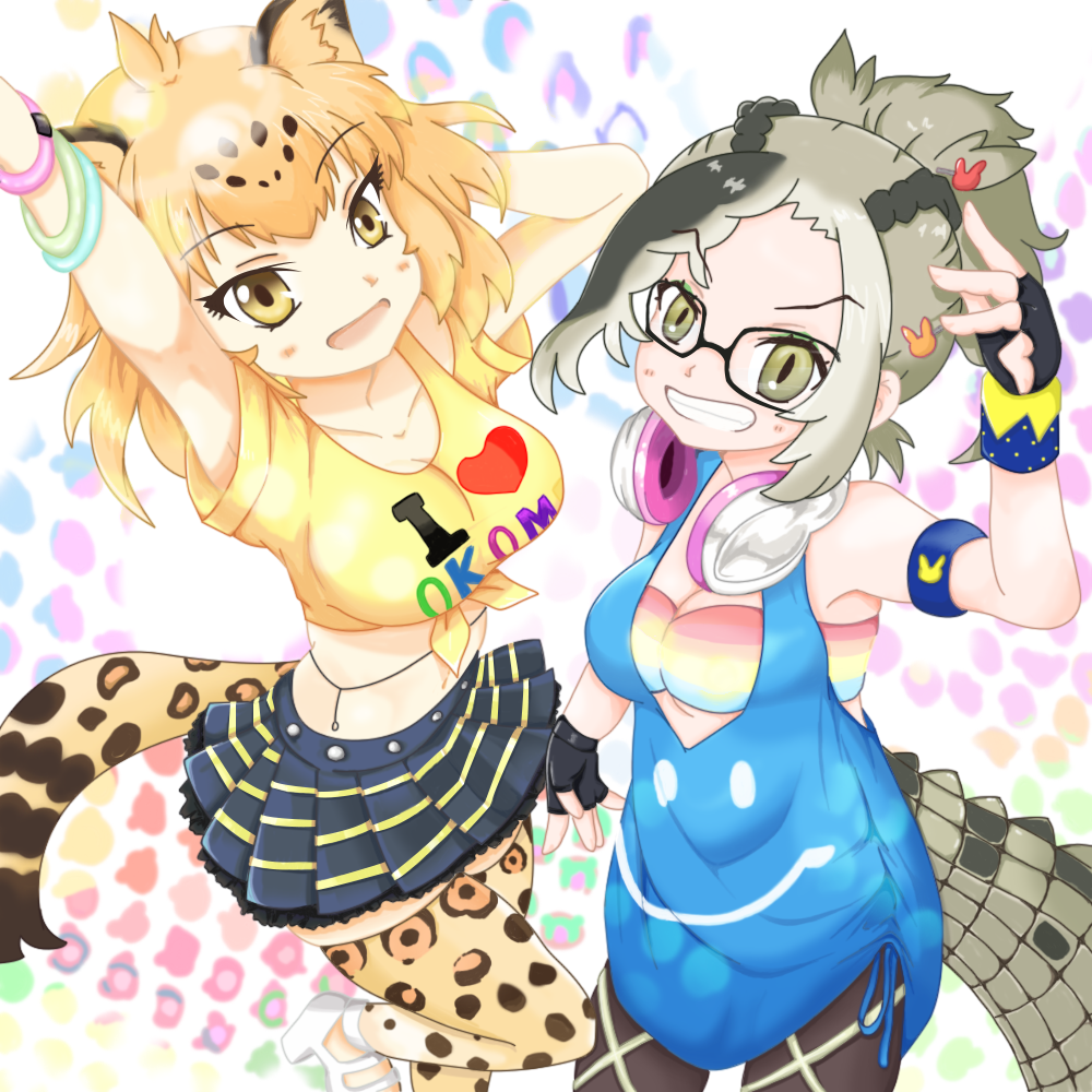 2girls, alternate_costume, animal_ears, arm_at_side, arm_up, armlet, armpits, arms_up