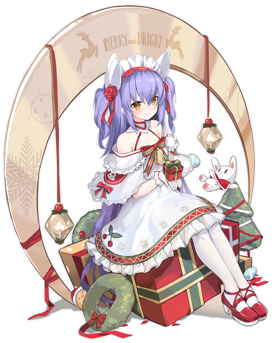 1girl, azur_lane, blush, breasts, brown_eyes, cherry_print, christmas_wreath, cleavage, closed_mouth, detached_collar, dewey_(a_christmas_thank-you)_(azur_lane), dewey_(azur_lane), dress, english_text, female_focus, flower, food_print, fruit_print, full_body, gift, gloves, hair_flower, hair_ornament, high_heels, highres, holding, holding_gift, huoyi_(zzh100200), long_hair, looking_at_viewer, maid_headdress, off_shoulder, official_alternate_costume, official_art, pantyhose, purple_hair, raised_eyebrows, red_flower, red_footwear, red_rose, rose, sitting, small_breasts, solo, transparent_background, two_side_up, very_long_hair, white_dress, white_gloves, white_pantyhose, wreath