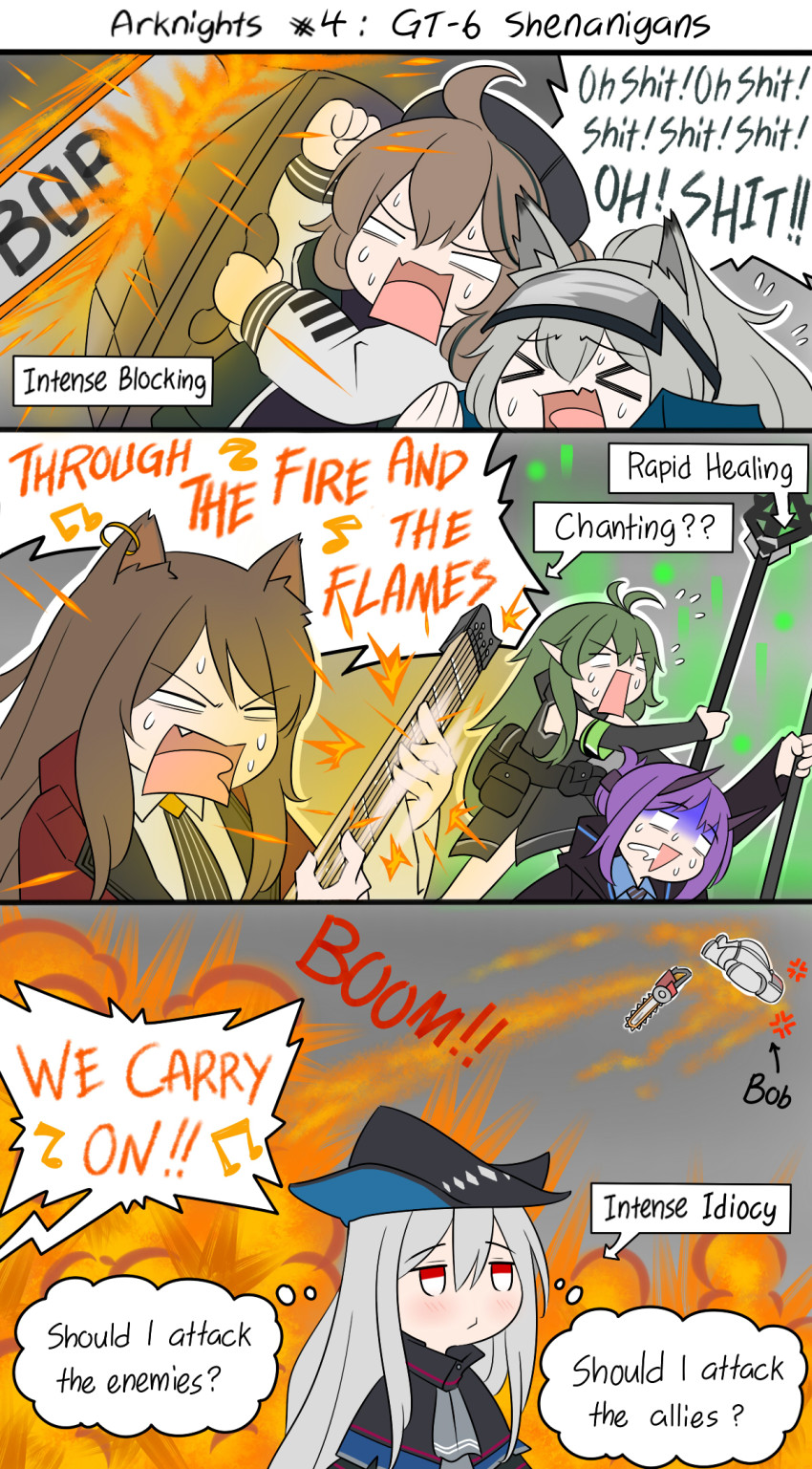 >_<, 3koma, 6+girls, ahoge, anger_vein, animal_ear_fluff, animal_ears, antenna_hair, arknights, beamed_eighth_notes, beret, black_headwear, black_jacket, blush, brown_hair, chainsaw, closed_eyes, closed_mouth, collared_shirt, comic, commentary, cuora_(arknights), dragonforce, eighth_note, english_commentary, english_text, explosion, gavial_(arknights), grani_(arknights), green_hair, green_jacket, grey_hair, grey_shirt, guin_guin, guitar, hair_between_eyes, hat, hibiscus_(arknights), highres, holding, holding_instrument, holding_staff, horns, instrument, jacket, long_hair, multiple_girls, music, musical_note, open_mouth, pointy_ears, profanity, purple_hair, red_eyes, red_jacket, saliva, shirt, sidelocks, singing, skadi_(arknights), skyfire_(arknights), staff, sweat, through_the_fire_and_flames, turn_pale, v-shaped_eyebrows, very_long_hair