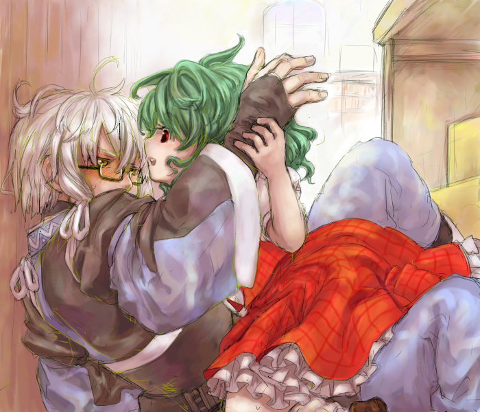 1boy, 1girl, aged_down, blush, couple, glasses, green_hair, hetero, kazami_yuuka, machijuu, messy_hair, morichika_rinnosuke, ono_mochiko, plaid_clothes, plaid_skirt, plaid_vest, red_eyes, short_hair, silver_hair, skirt, skirt_set, touhou, vest, yellow_eyes, you_gonna_get_raped