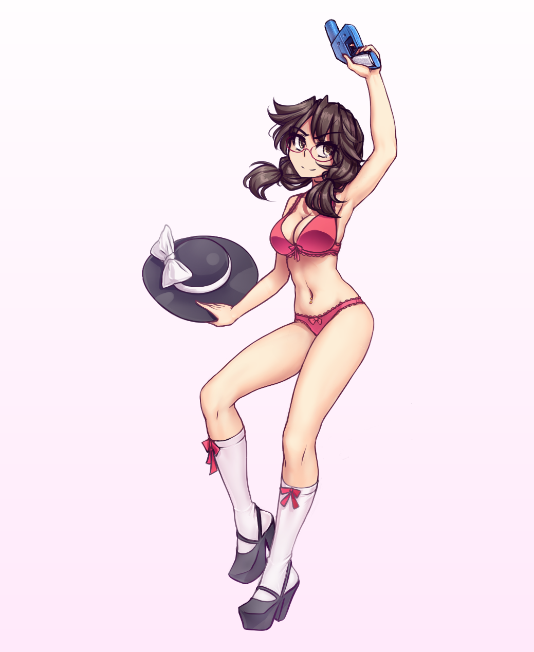 1girl, 3d_printed_firearm, 3d_printed_weapon, arm_up, bare_arms, bare_legs, black_hat, black_shoes, bow, bow_bra, bow_panties, bra, breasts, brown_eyes, brown_hair, cleavage, defense_distributed, defense_distributed_liberator, female_focus, full_body, glasses, gradient_background, gun, handgun, hat, hat_bow, hater_(hatater), highres, holding, holding_gun, holding_unworn_clothes, holding_unworn_hat, holding_weapon, kneehighs, liberator_(3d-printed_gun), long_hair, low_twintails, medium_breasts, navel, navel_piercing, panties, physible, piercing, pink_background, pistol, red-framed_eyewear, red_bra, red_panties, semi-rimless_eyewear, shoes, socks, solo, touhou, twintails, under-rim_eyewear, underwear, underwear_only, unworn_hat, unworn_headwear, usami_sumireko, weapon, white_background, white_bow, white_socks