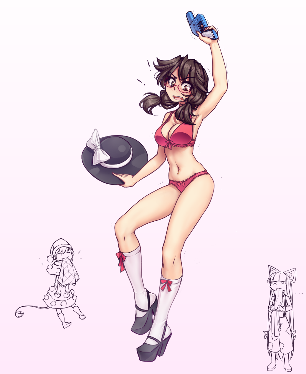 !, 3d_printed_firearm, 3d_printed_weapon, 3girls, arm_up, bare_arms, bare_legs, black_footwear, black_headwear, blush, bow, bow_panties, bra, breasts, brown_eyes, brown_hair, chibi, chibi_inset, cleavage, defense_distributed, defense_distributed_liberator, doremy_sweet, embarrassed, fujiwara_no_mokou, full_body, glasses, gradient_background, gun, handgun, hat, hat_bow, hater_(hatater), highres, holding, holding_gun, holding_unworn_clothes, holding_unworn_hat, holding_weapon, kneehighs, liberator_(3d-printed_gun), long_hair, low_twintails, medium_breasts, multiple_girls, navel, navel_piercing, open_mouth, panties, physible, piercing, pink_background, pistol, red-framed_eyewear, red_bra, red_panties, semi-rimless_eyewear, shoes, socks, touhou, twintails, under-rim_eyewear, underwear, underwear_only, unworn_hat, unworn_headwear, usami_sumireko, weapon, white_background, white_bow, white_legwear