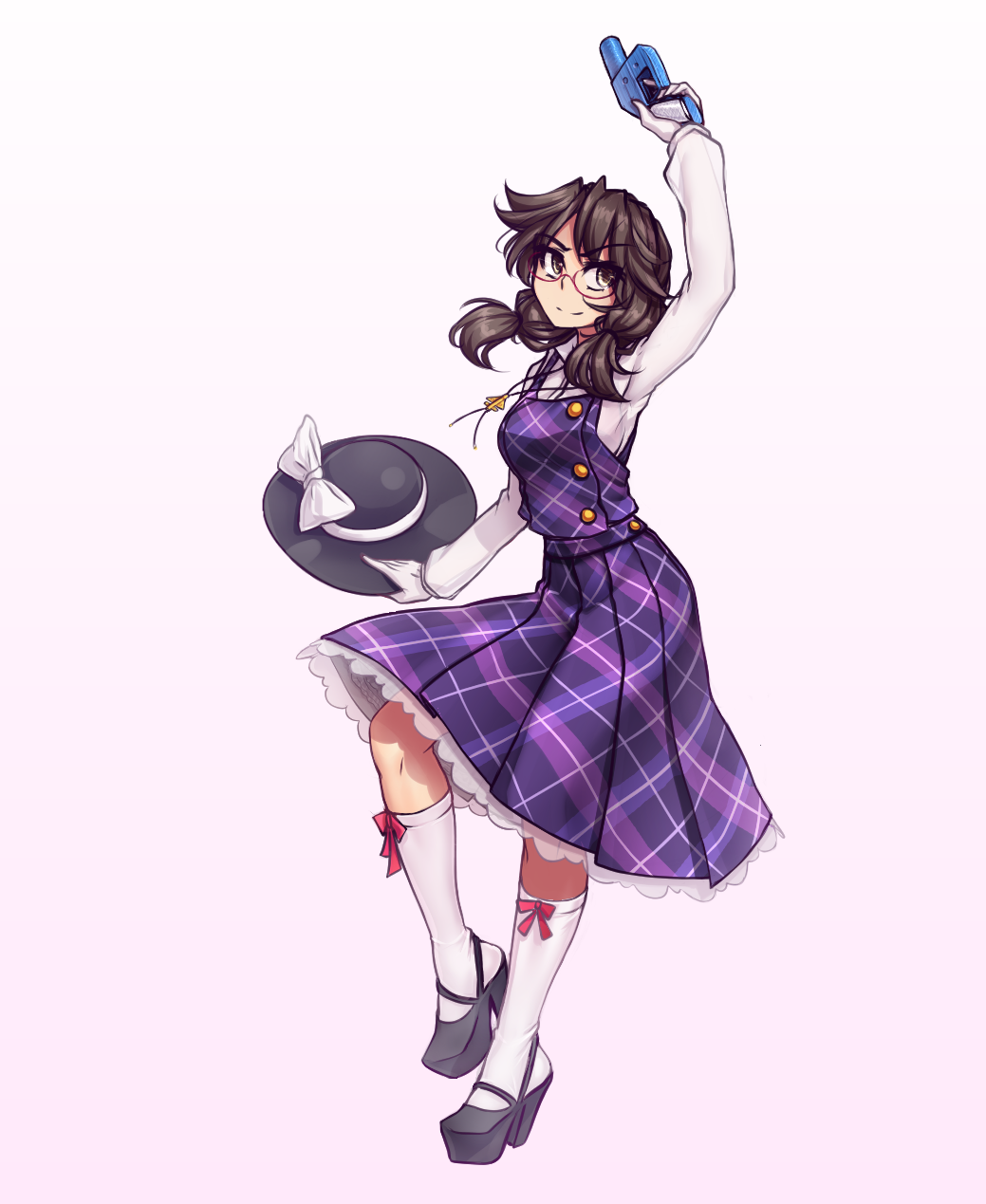 1girl, 3d_printed_firearm, 3d_printed_weapon, arm_up, black_hat, black_shoes, bow, breasts