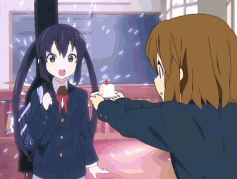 00s, 2girls, animated, animated_gif, anime_screenshot, black_hair, brown_hair, cake, chalkboard, classroom, cream, depressed, drum, food, fruit, gloom_(expression), happy, hirasawa_yui, instrument, k-on!, long_hair, lowres, mood_swing, multiple_girls, nakano_azusa, neck_ribbon, non-web_source, pastry, red_ribbon, ribbon, school, school_uniform, short_hair, smile, sparkle, strawberry, strawberry_shortcake, twintails, |_|_|