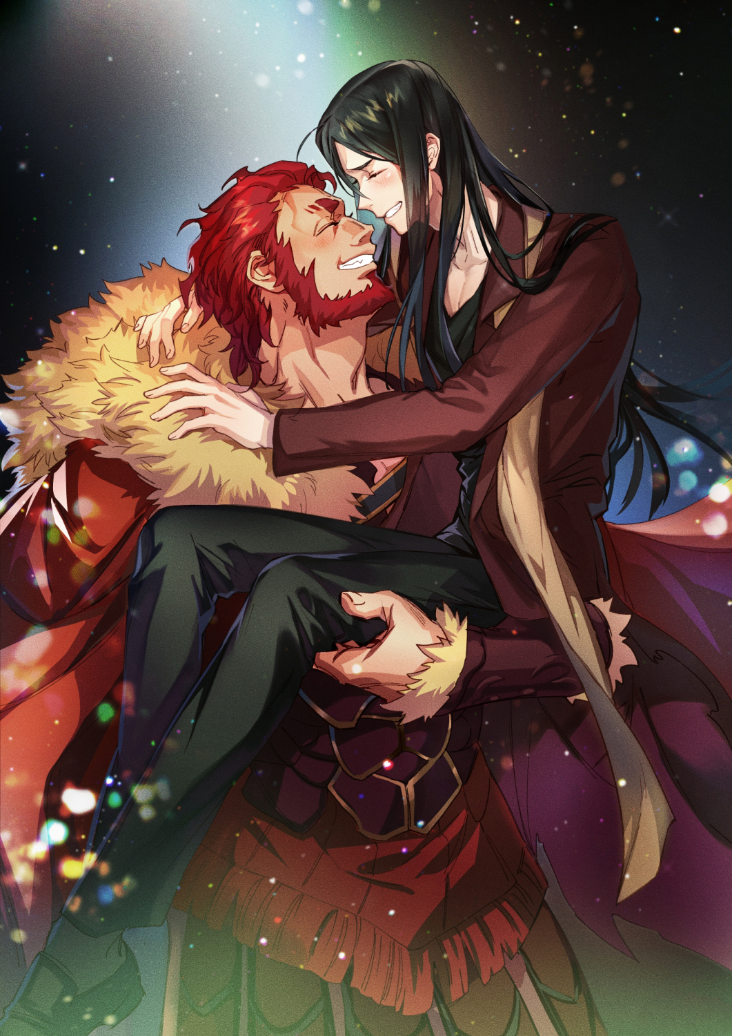 2boys, armor, beard, black_hair, blush, cape, carrying, closed_eyes